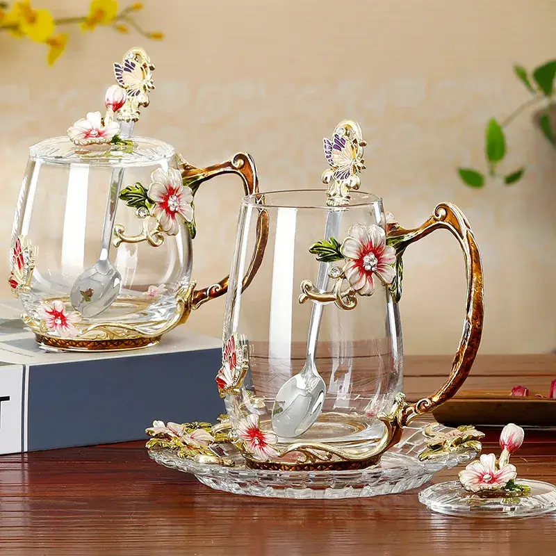 High-End Enamel Water Mugs,Light Luxury, Household Rose Tea Cup,European Coffee Glass,Hot And Cold Drinks Tea Tumbler Spoon Set-Arlik interiors