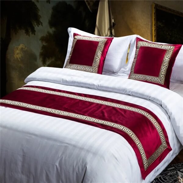 High-grade Pure Color Embroidery Bed Runners New Chinese Style Velvet Throw Runners Golden Red Bed Flag Covers Pillowcases-Arlik interiors