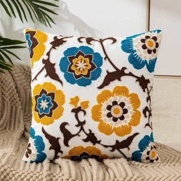 Cotton Canvas Floral Embroidered Cushion Cover 45*45-Throw Pillows-Arlik interiors