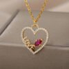 Hollow Out Peral Heart Necklace For Mother Kids Stainless Steel Chain Zircon Heart Pendant Necklace Elegant Mother's Day Jewelry-Arlik interiors