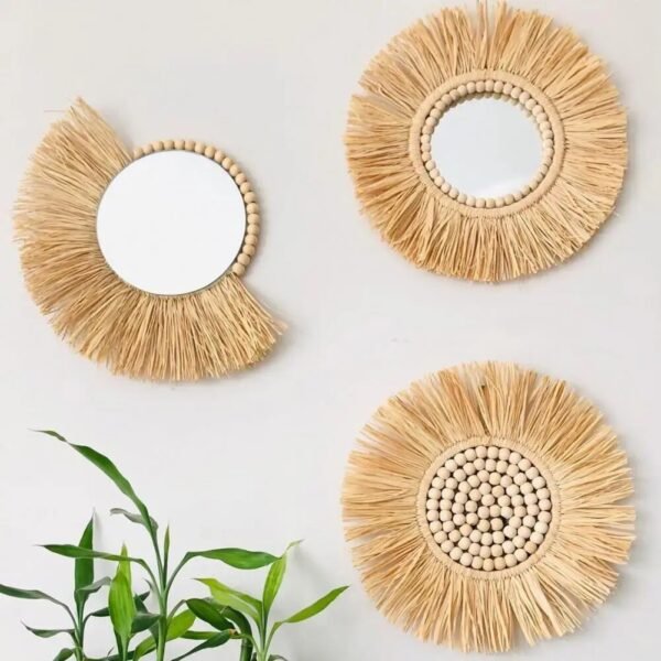 Hanging Mirror Raffia Moroccan Wood Beads Acrylic Multifunctional Decorative Decorations Bedroom Decorative Wall Mirror-Arlik interiors