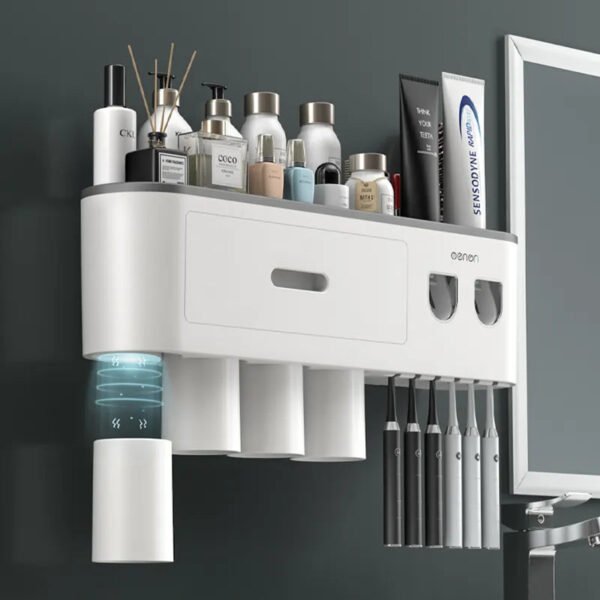 IZEFS Magnetic Adsorption Inverted Toothbrush Holder Double Automatic Toothpaste Dispenser Storage Rack Bathroom Accessories Set-Arlik interiors