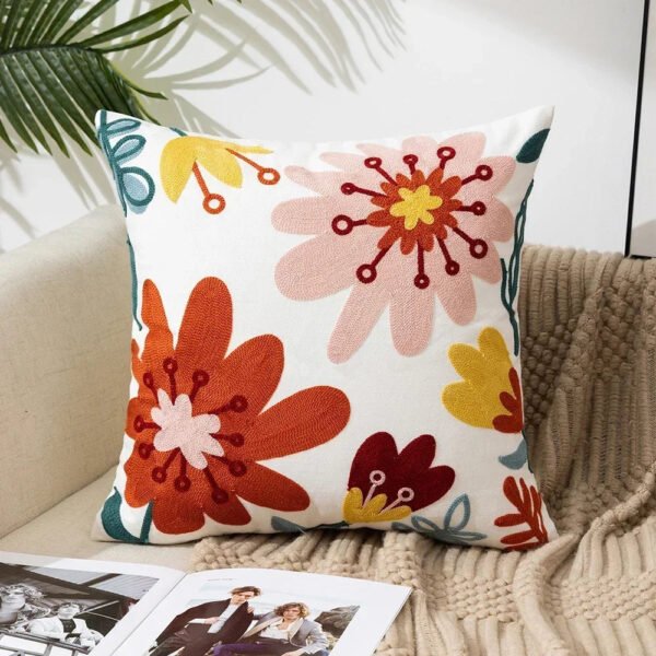 Cotton Canvas Floral Embroidered Cushion Cover 45*45-Throw Pillows-Arlik interiors