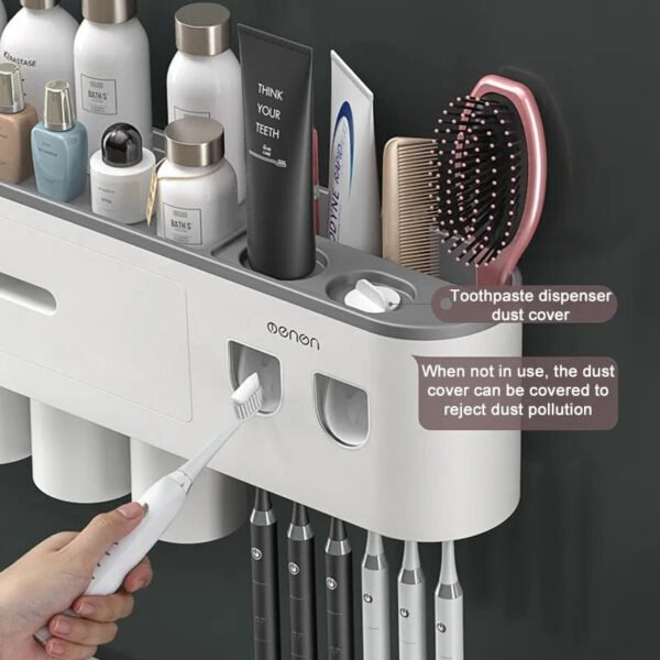 IZEFS Magnetic Adsorption Inverted Toothbrush Holder Double Automatic Toothpaste Dispenser Storage Rack Bathroom Accessories Set-Arlik interiors