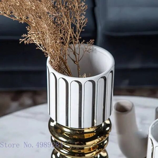 Golden Vase Ceramics Cylindrical Geometric Stripes Vase-Vase-Arlik interiors