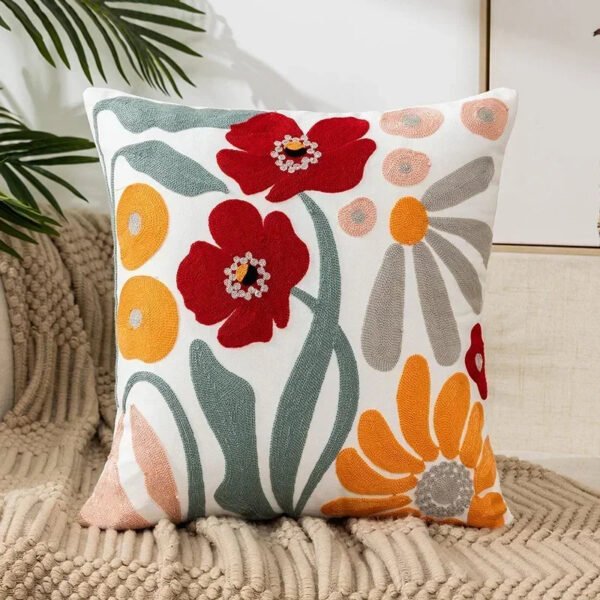 Cotton Canvas Floral Embroidered Cushion Cover 45*45-Throw Pillows-Arlik interiors