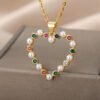 Hollow Out Peral Heart Necklace For Mother Kids Stainless Steel Chain Zircon Heart Pendant Necklace Elegant Mother's Day Jewelry-Arlik interiors